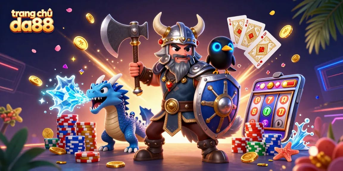 Engage with thrilling games at trang chủ da88 with a Viking warrior, dragon, and lucky symbols.