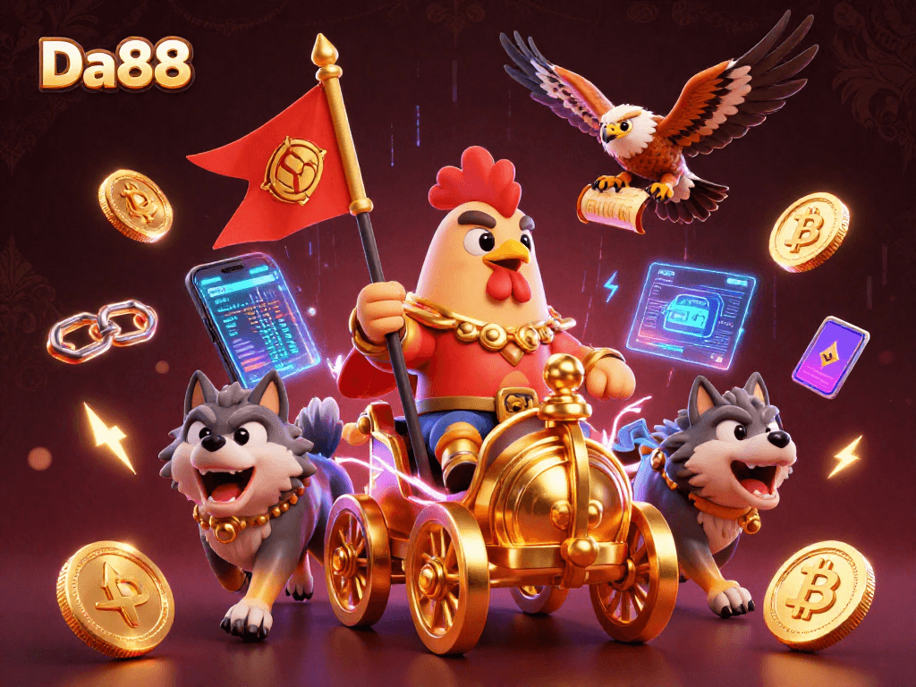 Engage in thrilling gameplay at Da88 with a vibrant 3D illustration featuring a rooster warlord and crypto elements.