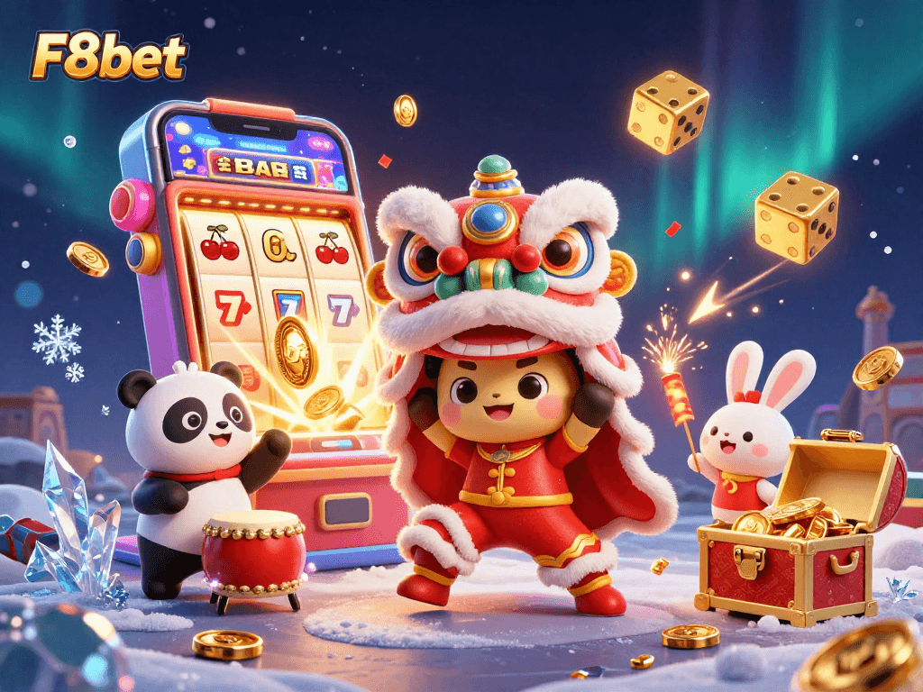 Experience the excitement of F8bet with vibrant characters and casino games in a lively celebration