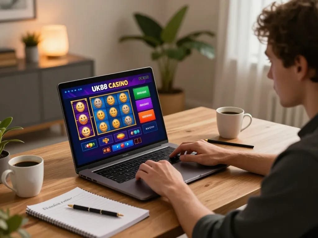 uk88 user engaging with online slots at a stylish home setup with gaming notes