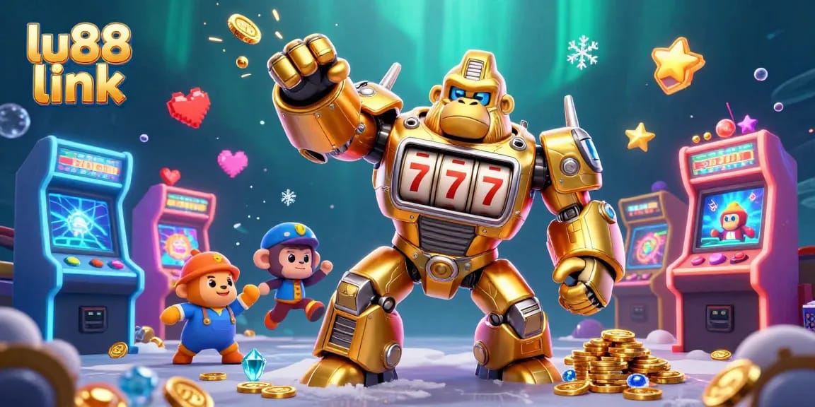 Experience thrilling gaming action with the lu88 link showcasing a golden gorilla mech in an exciting casino scene.