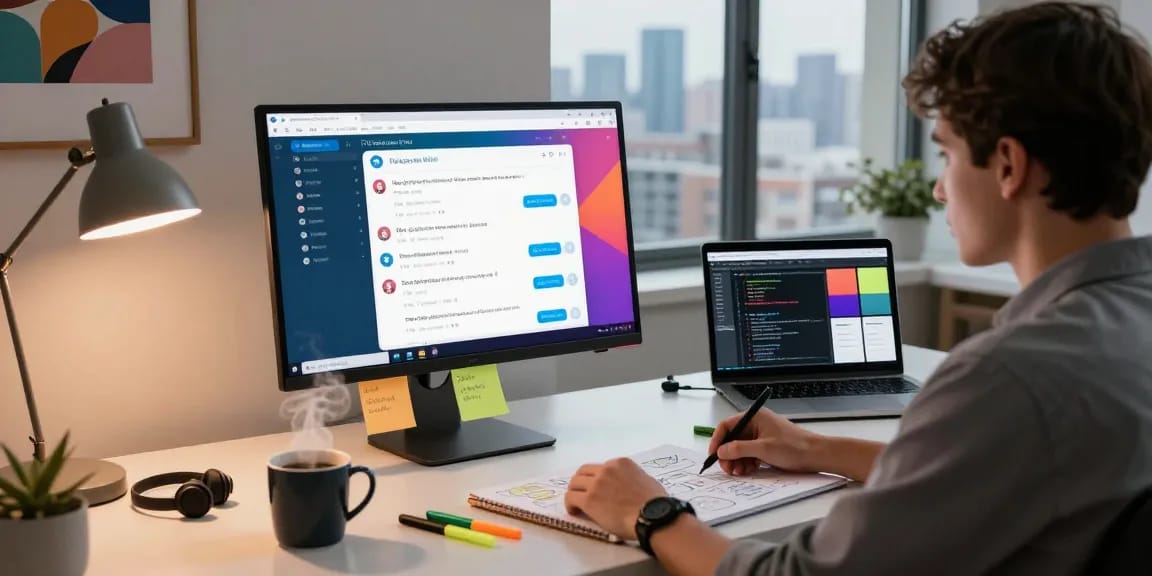 Using Telegram Web on a modern computer workspace with vibrant chat interfaces and a stylish desk setup.