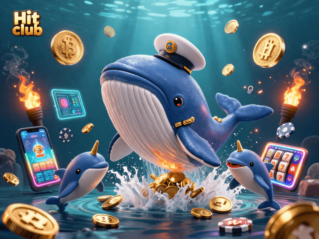 Engage in thrilling games with Hit club’s spectacular 3D illustration showcasing a whale and vibrant casino elements.