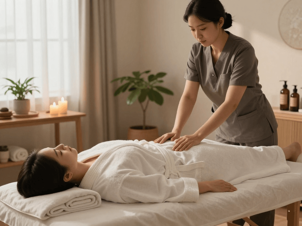 Experience serene 성동구출장안마 in a cozy home spa setting with a professional massage therapist preparing for relaxation.
