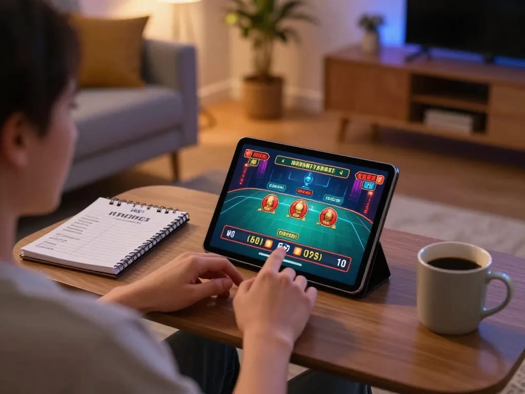 Engaging in Đăng ký Vin88 online betting from a cozy home setup with a tablet and strategic notes.