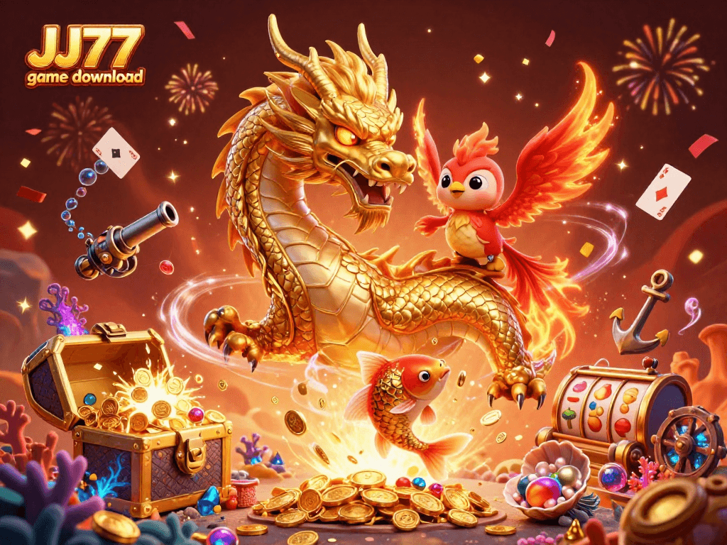 Experience thrilling wins with JJ77 game download in a vibrant 3D casino scene.