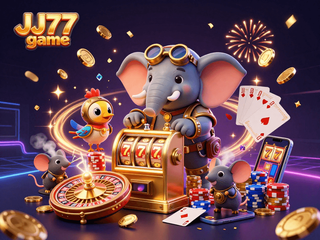 Experience the excitement of the JJ77 game with a steampunk-themed casino scene full of animated characters and vibrant game elements.