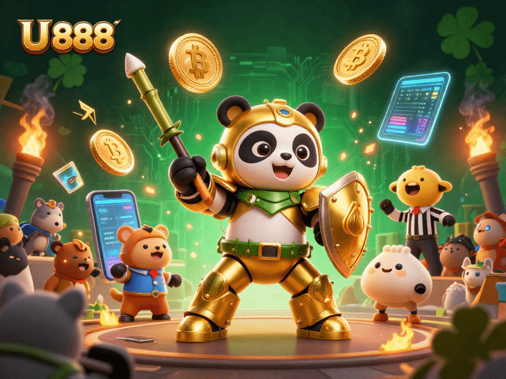 Experience the excitement of U 888 with dynamic 3D illustration featuring a mech-suit panda in a thrilling arena.
