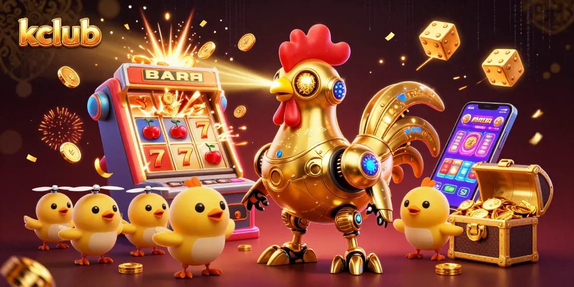 Experience excitement with kclub's jackpot scene featuring a golden rooster robot and vibrant game elements.