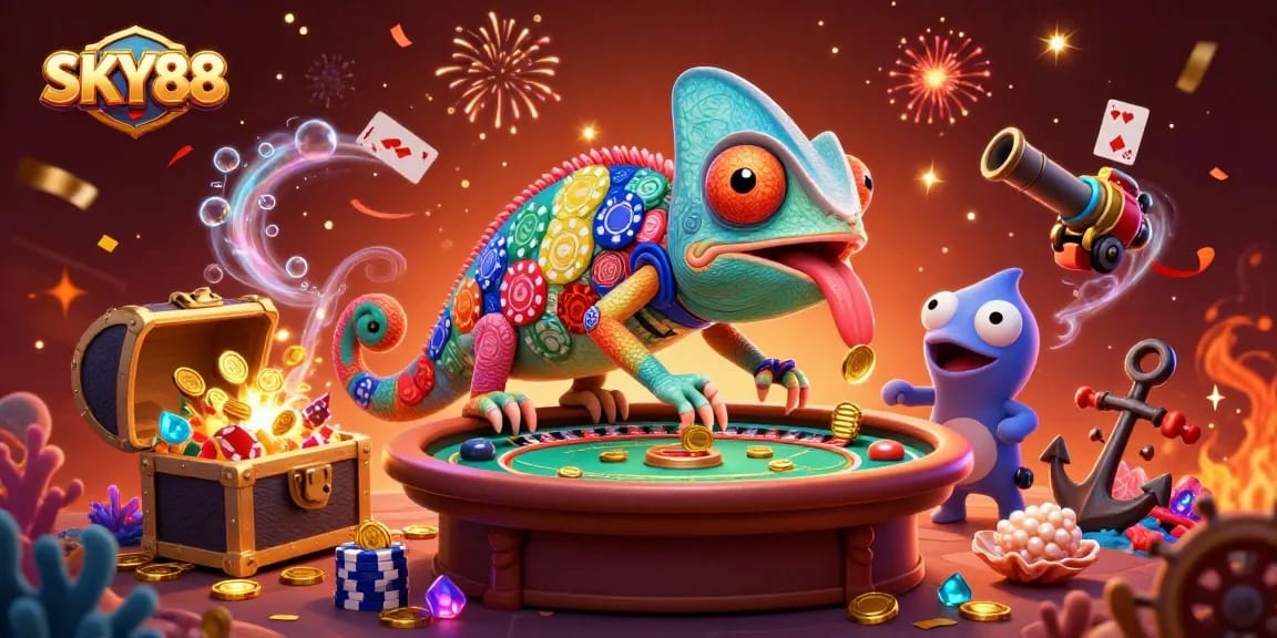 Experience the vibrant casino action with SKY88, featuring colorful characters and explosive gaming elements.