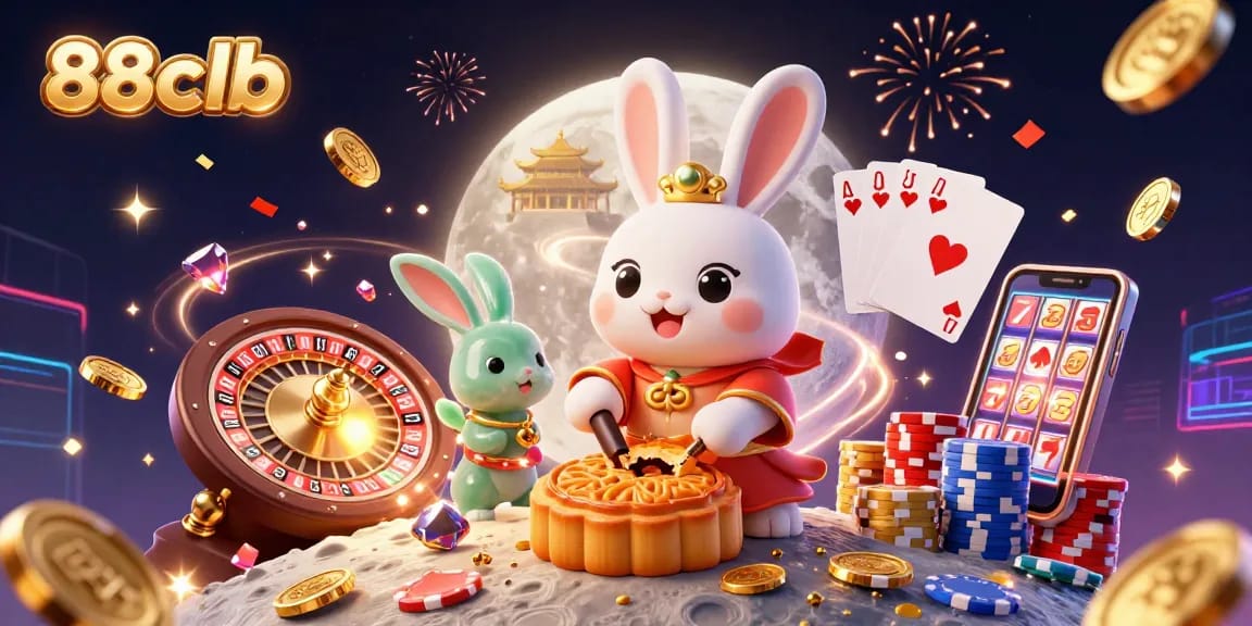 Join the fun at 88clb with vivid casino elements spilling from mooncakes in a magical scene.