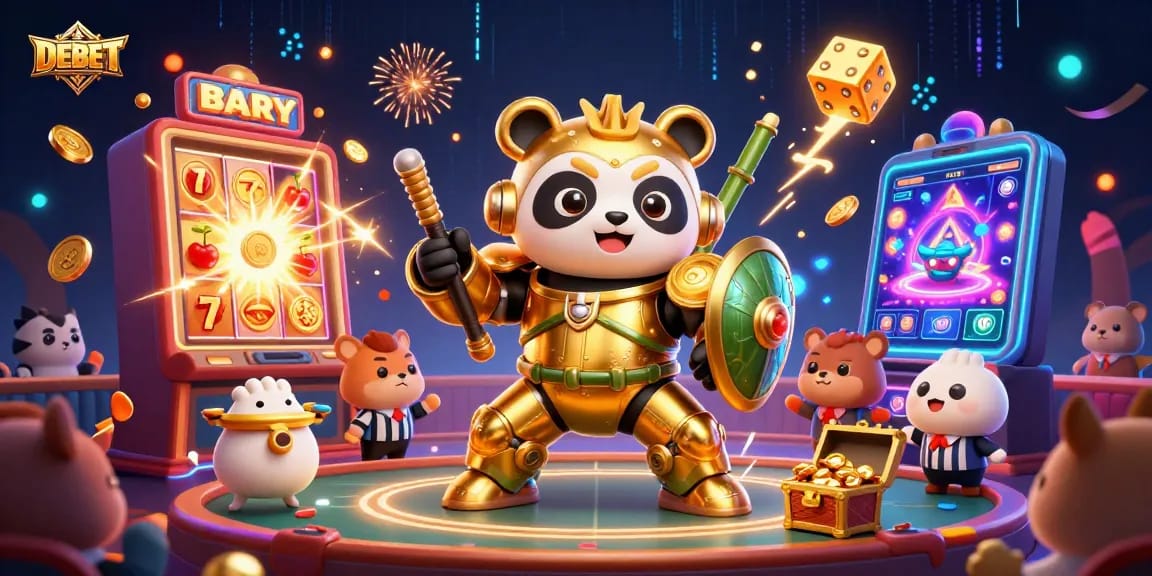 Experience the excitement at DEBET with a vibrant 3D illustration showcasing thrilling casino elements.