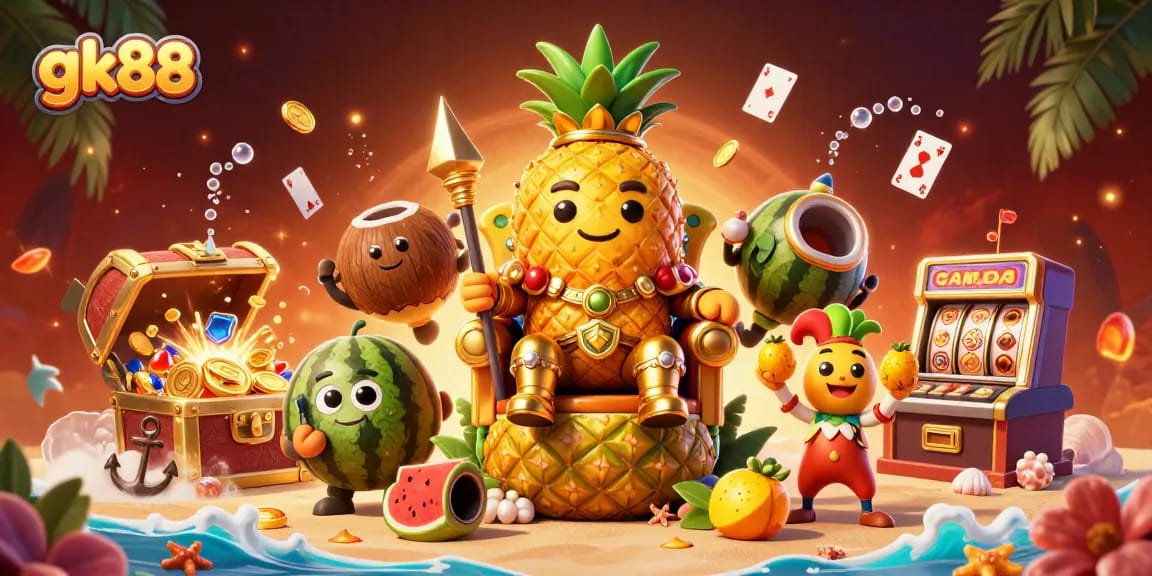 Celebrate wins at gk88 with a vibrant casino scene featuring a golden pineapple king and exciting games.