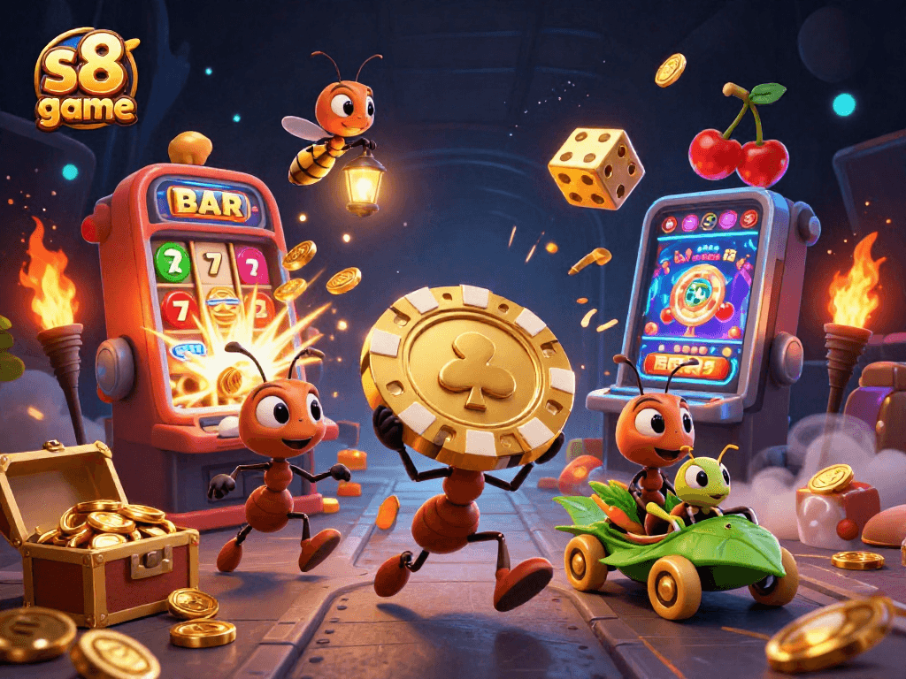 Experience thrilling s8 game action with ants, golden chips, and jackpot explosions in this vibrant illustration.