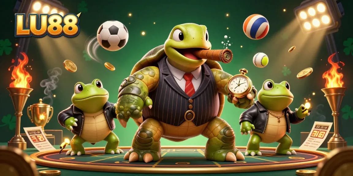 Experience lively gaming at LU88 with a dynamic scene featuring a snapping turtle mobster and bullfrog enforcers.