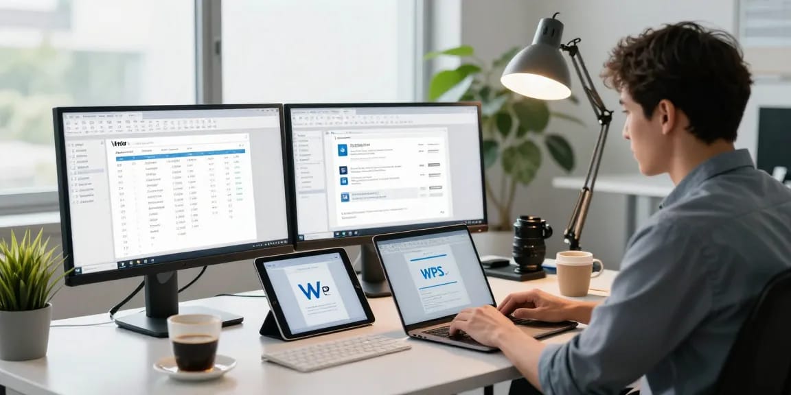 Professional workspace showcasing WPS Official Website applications with monitors and productivity tools
