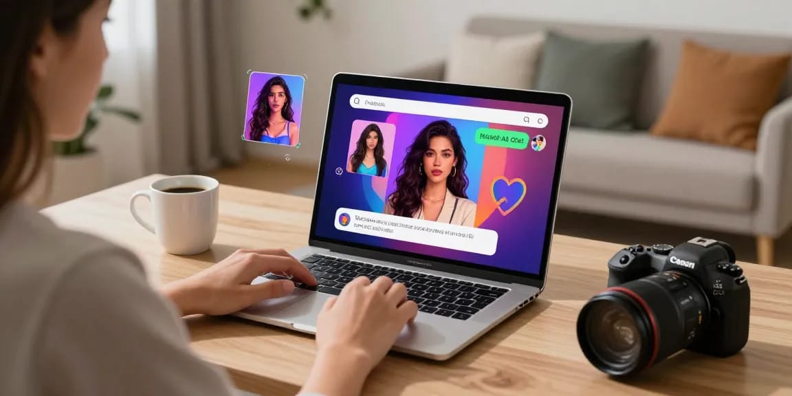 Engaging NSFW AI chat experience on a laptop, showcasing vibrant character visuals and inviting workspace.