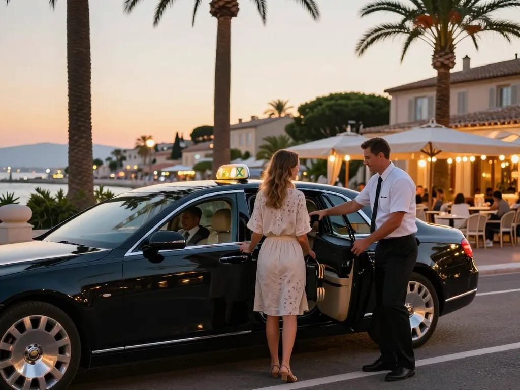 Service de taxi à Saint-Tropez avec un chauffeur professionnel aidant les voyageurs, mettant en avant luxe et commodité.