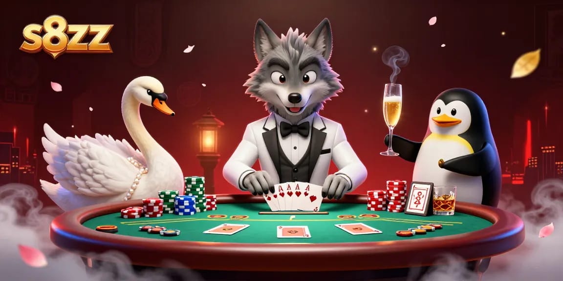 Join the action at s8zzz with a colorful casino scene featuring a wolf, swan, and penguin in a baccarat game.
