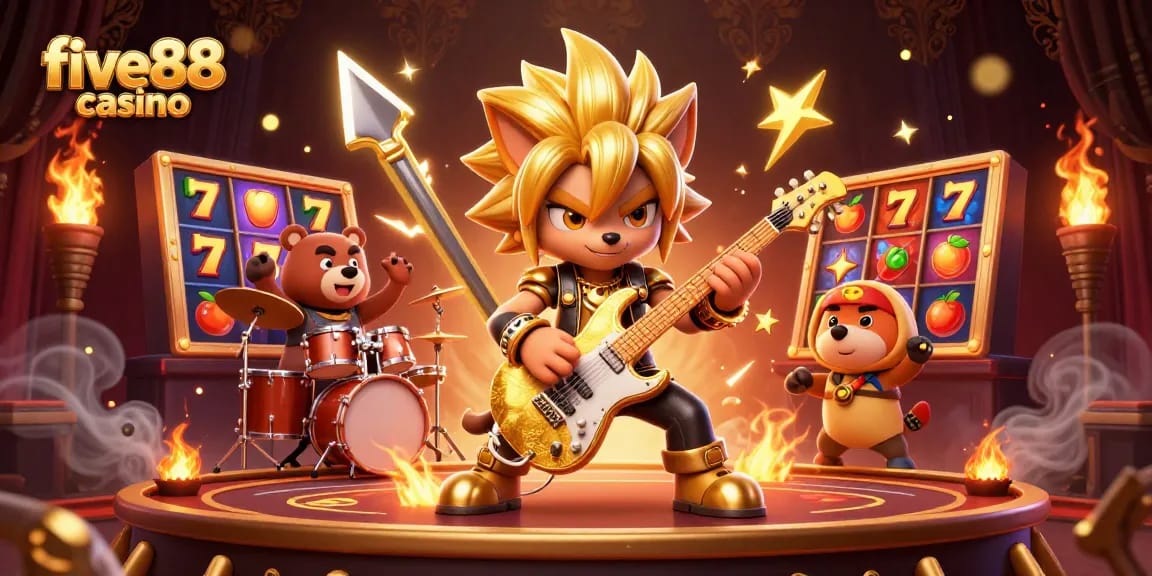 Engage with the energy of five88 casino featuring a rock star wolf and epic game elements.
