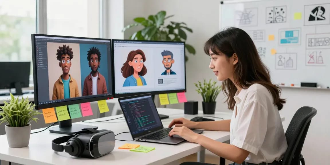 A vibrant digital workspace illustrating character ai nsfw development with AI roleplay creativity and coding.