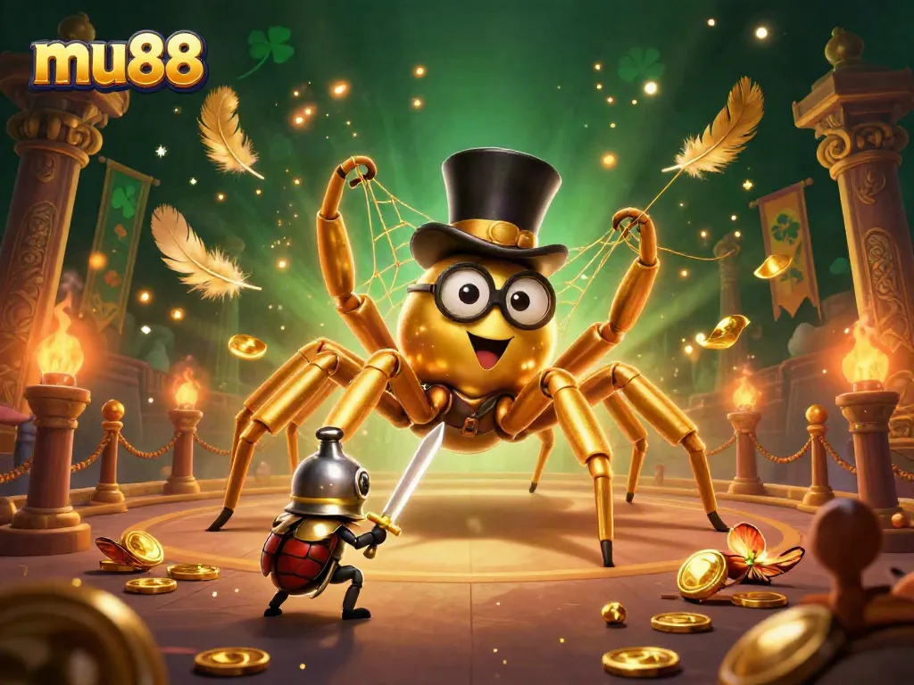 Engage with exciting games at mu88 as the golden tarantula weaves a web of fortune in a thrilling casino scene.