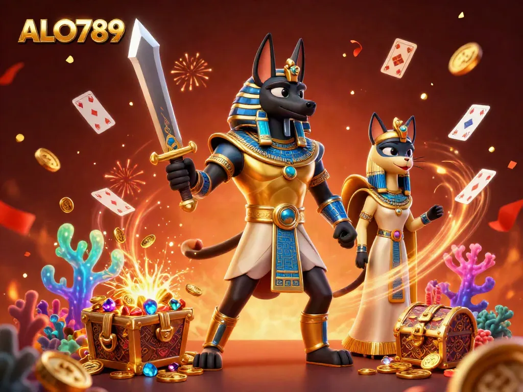 Experience exciting gameplay with ALO789, featuring Anubis and Bastet among vibrant casino-themed elements.