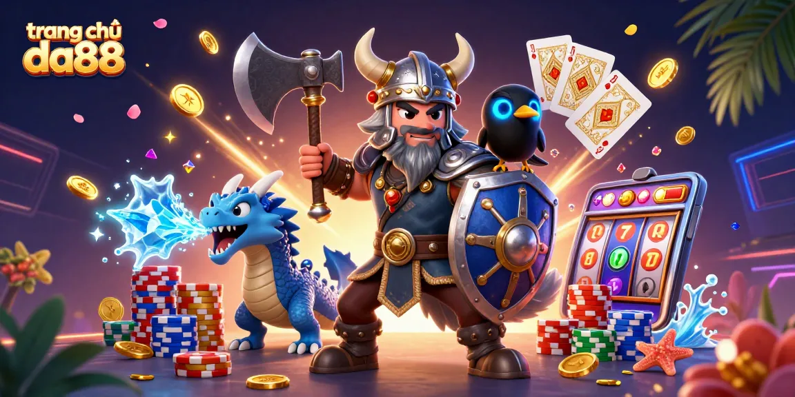 Engage with thrilling games at trang chủ da88 with a Viking warrior, dragon, and lucky symbols.