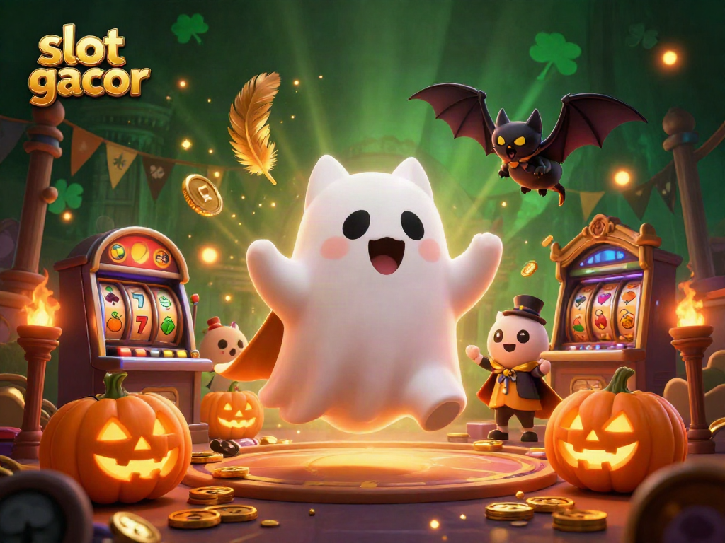 Spin to win with slot gacor featuring a friendly ghost cat, vampire bat, and poker-themed jack-o-lanterns.