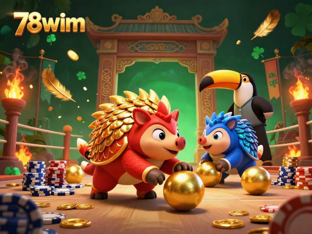 78wim showcases a colorful scene with rival pangolins bowling through chips in a dynamic casino setting.