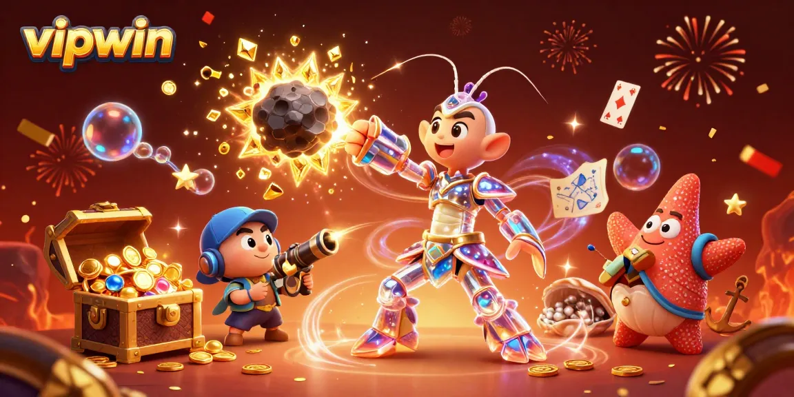 Experience thrilling moments at vipwin with 3D galactic characters celebrating in a vibrant casino.