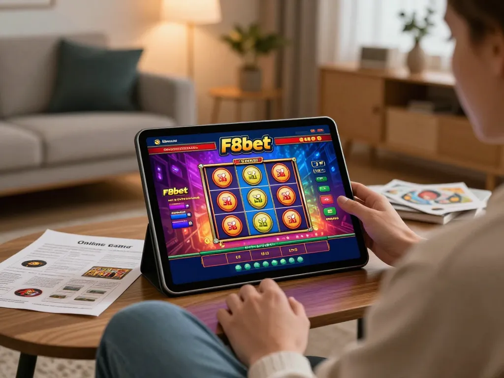 Engaging with F8bet online casino slot games in a stylish home setting.