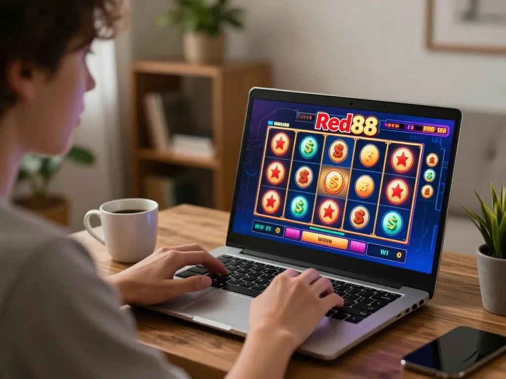 Engaged player exploring online gaming options on red88's platform with exciting slot visuals