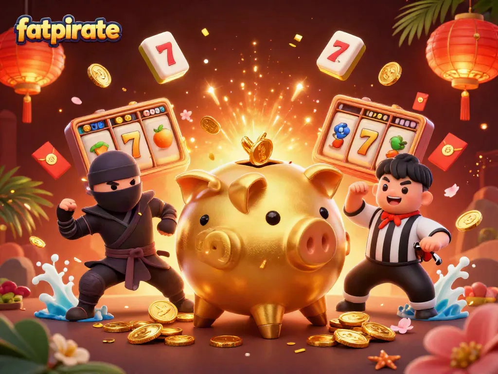 Engage with fatpirate’s excitement through a vibrant, golden casino illustration filled with dynamic elements.