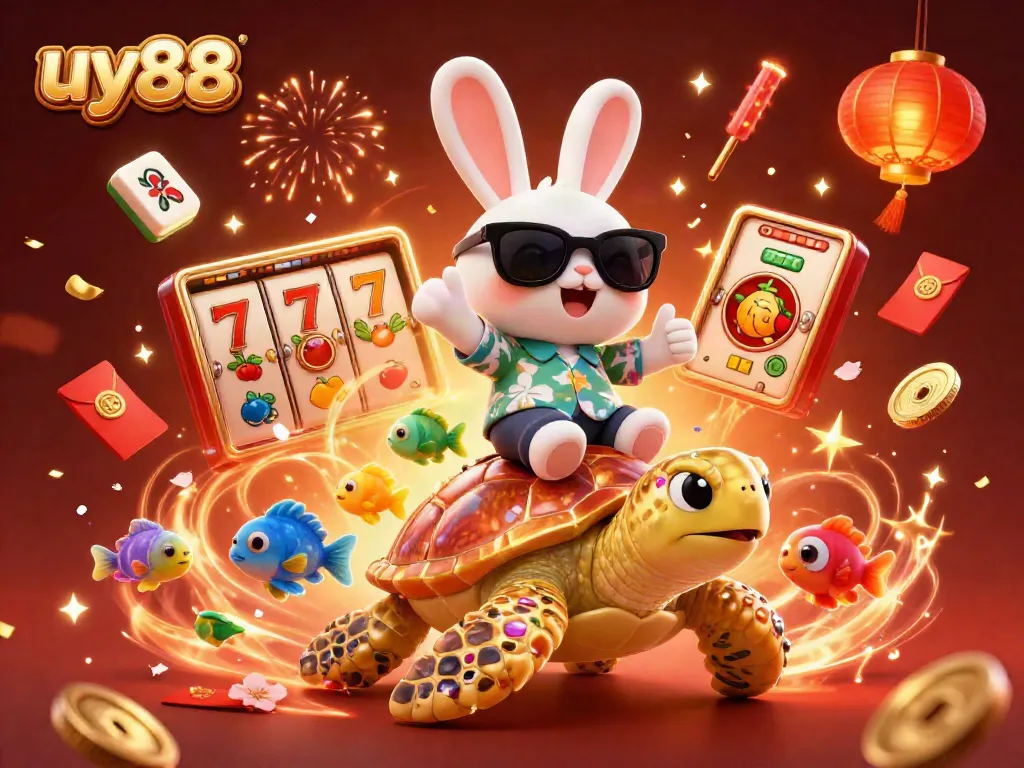 Experience the excitement of uy88 online casino with a cartoon rabbit and turtle in a vibrant 3D scene filled with gaming elements.
