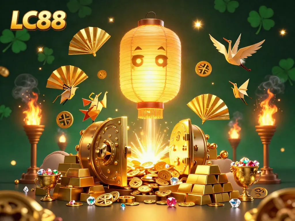 LC88's vibrant casino scene showcases a golden lantern spirit and treasures, captivating gamblers.