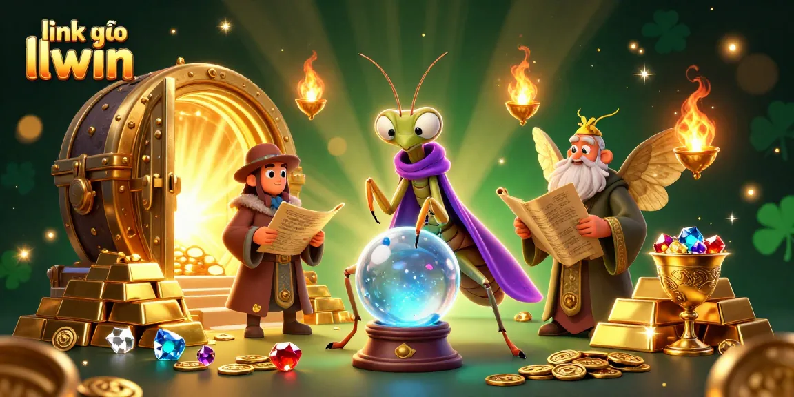 Experience thrilling gameplay with link vào llwin, featuring a magical fortune teller and treasures surrounding them.