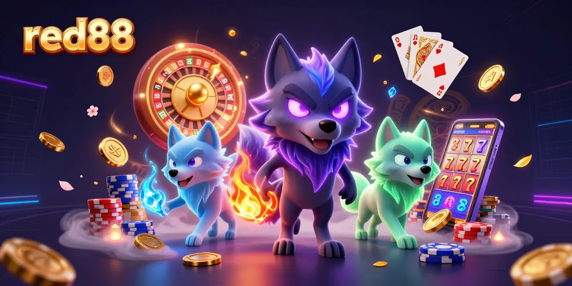 Experience red88's thrilling gaming scene with characters, vibrant casino elements, and lively action.