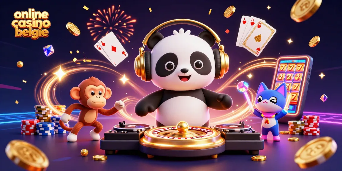 Engaging scene showcasing online casino belgie with DJ panda, breakdancing monkey, and glowing kitten.
