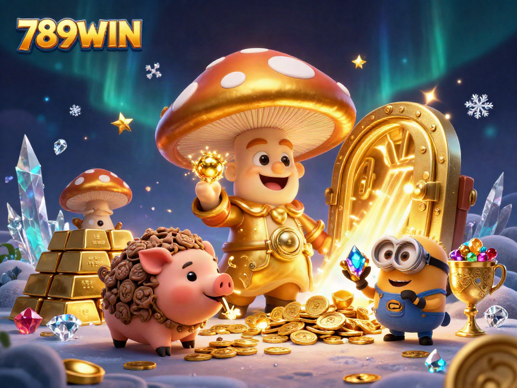 Experience 789WIN's magical golden treasures in this vibrant casino-themed 3D illustration.