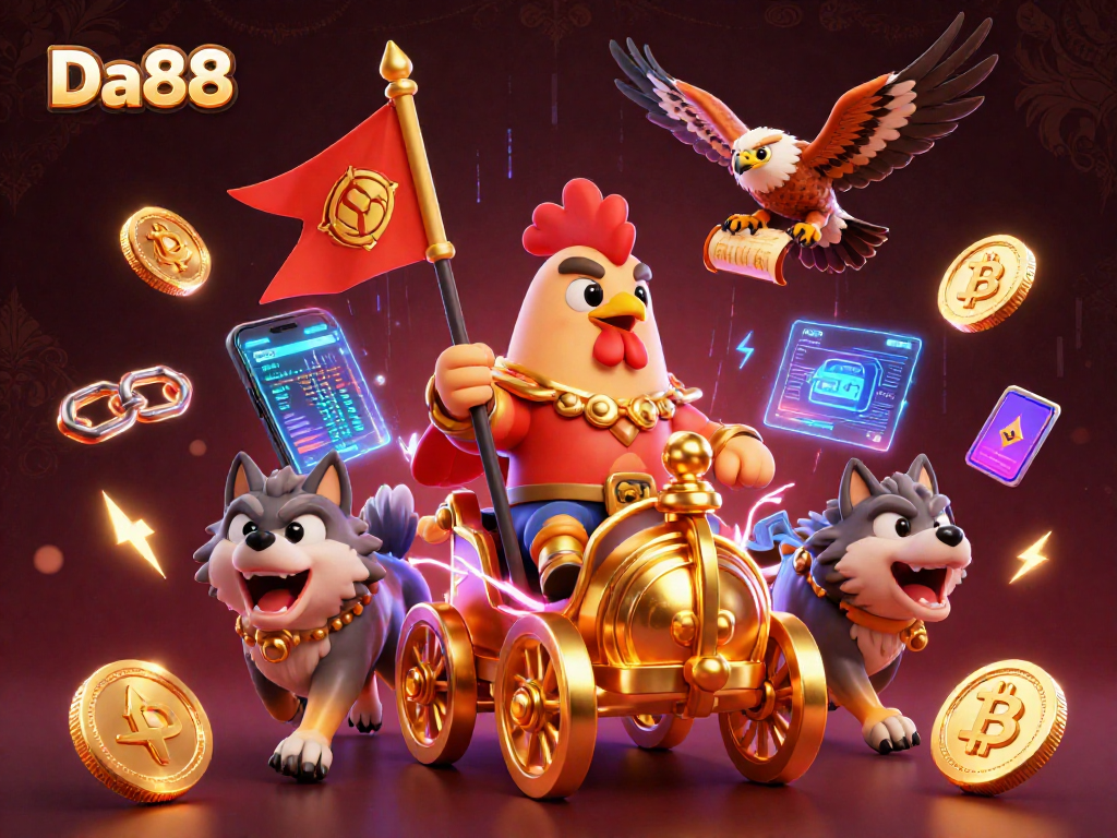 Engage in thrilling gameplay at Da88 with a vibrant 3D illustration featuring a rooster warlord and crypto elements.