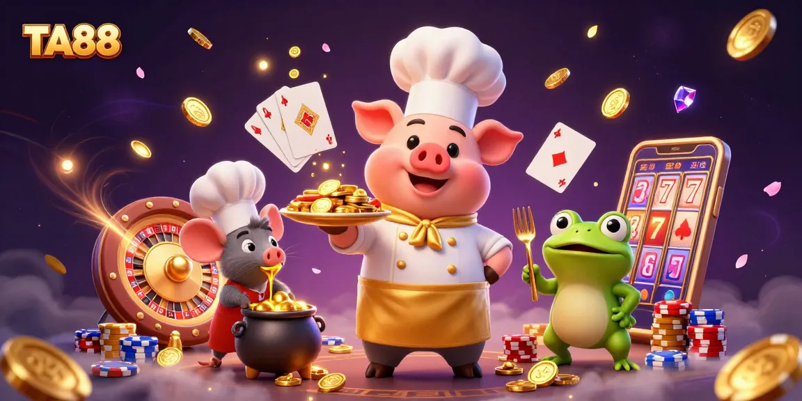 Engage with TA88 as the chef pig serves gold coins, showcasing vibrant casino game elements.