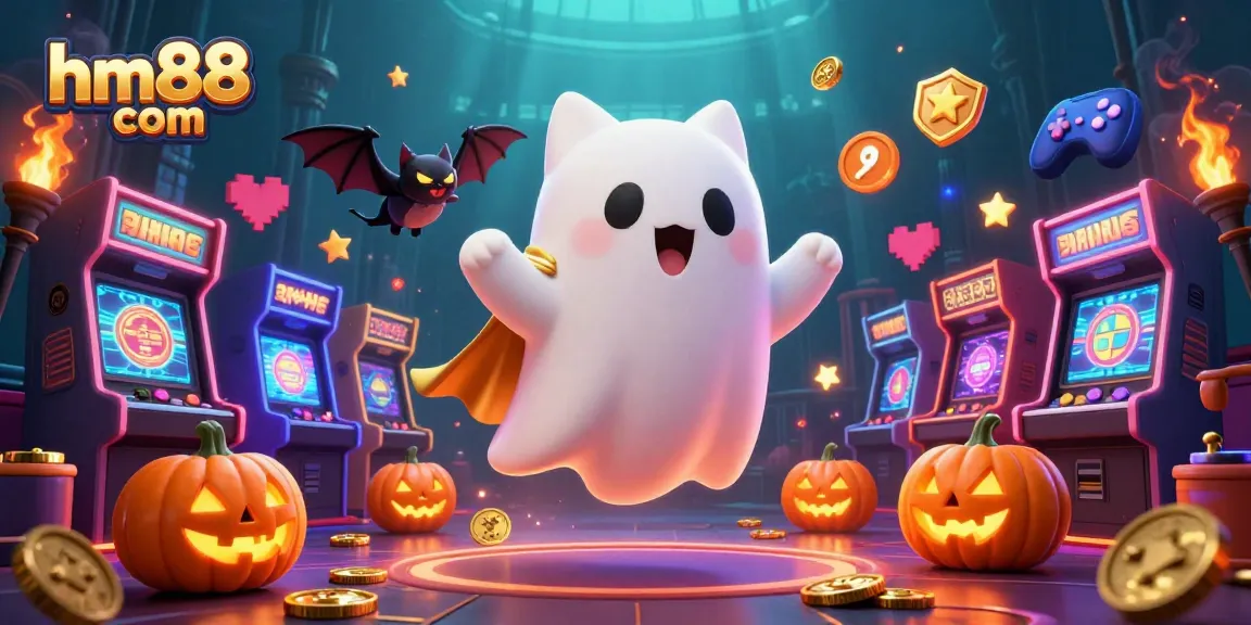 Experience the excitement at hm88 com with our friendly ghost cat and thrilling gaming elements in a vibrant casino scene.