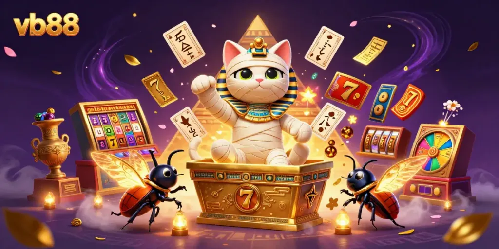 Engage in thrilling games at vb88, where the Egyptian mummy cat and scarab beetle showcase exciting slot and jackpot adventures.