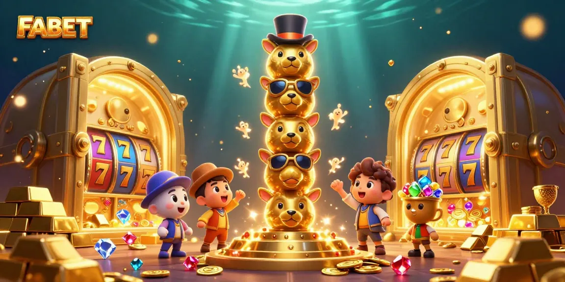 FABET showcases animated characters with vibrant slot machines and gems amidst gold treasures, enhancing the casino experience.