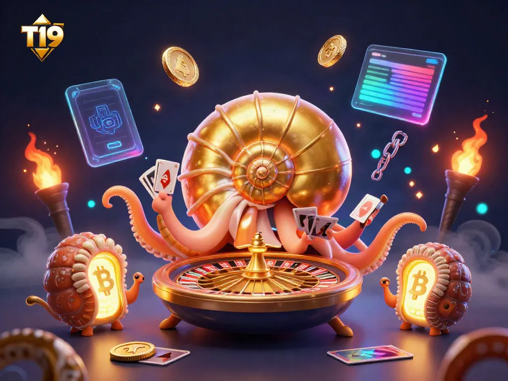 Engage in thrilling gameplay with T19's vibrant 3D casino illustration, showcasing an imaginative nautilus roulette.