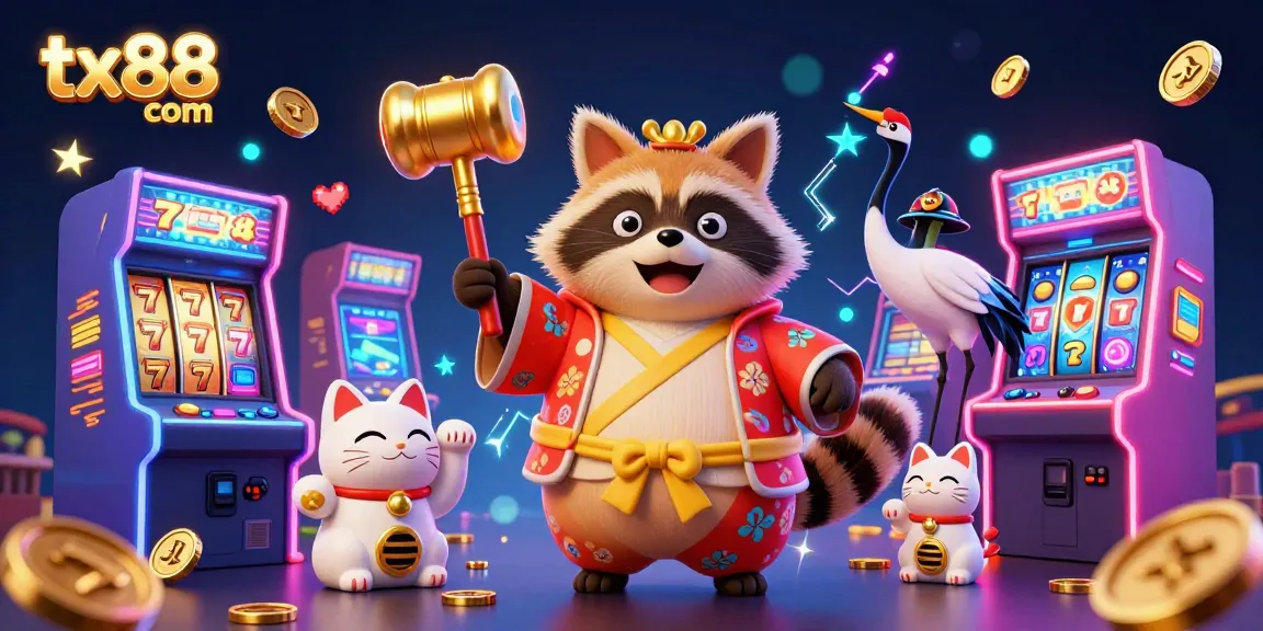 Experience gaming excitement at tx88 com with colorful slot machines and fortune cats in a vibrant 3D scene.