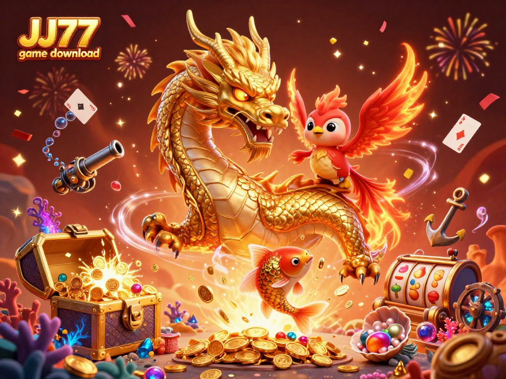 Experience thrilling wins with JJ77 game download in a vibrant 3D casino scene.