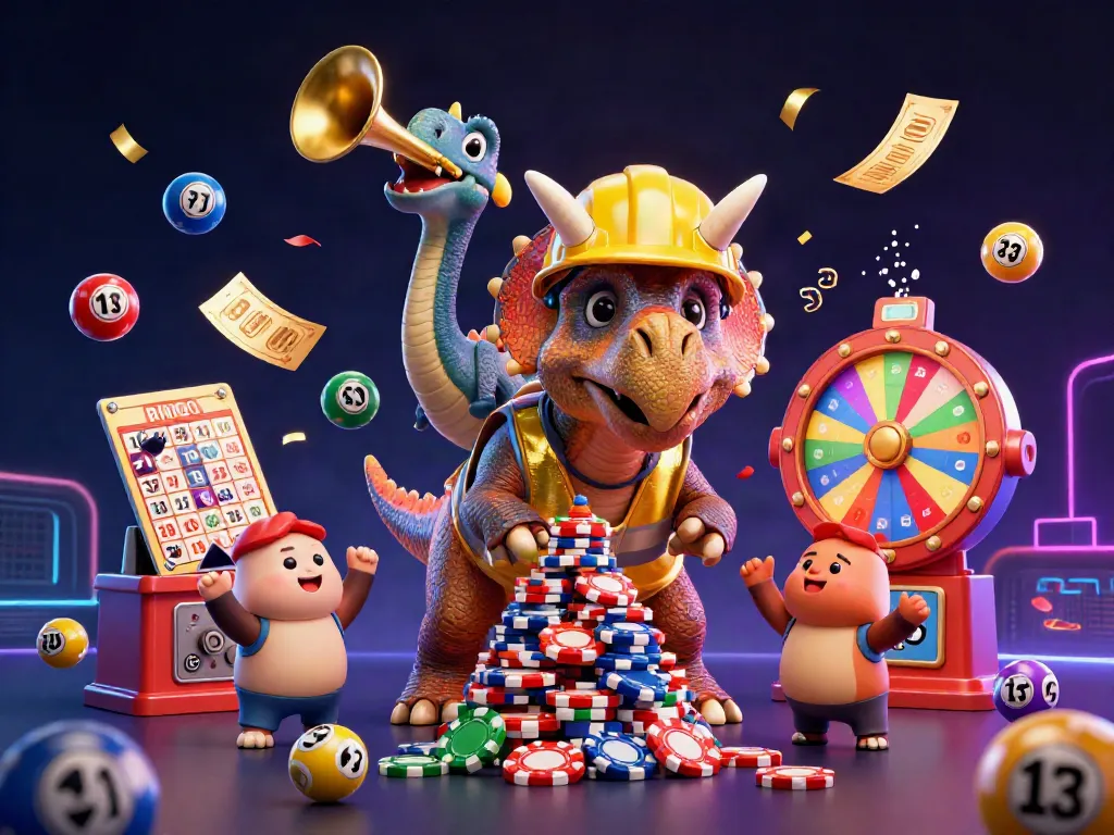VegasHero showcases a vibrant 3D scene of casino excitement with a playful triceratops.