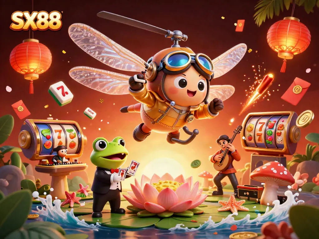 SX88 engages in lively casino action at a lily pad resort, featuring a frog dealer and vibrant slot reels.